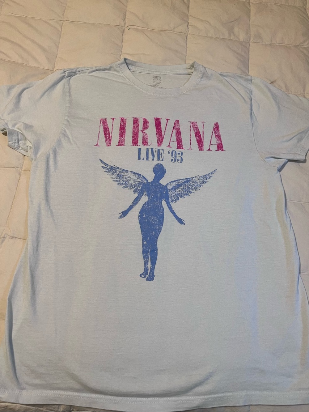 NIRVANA Tee with Pink Logo and Blue Angel